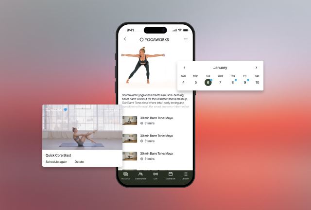 Graphic showing yogaworks Barre Tone class preview with scheduling screenshots.
